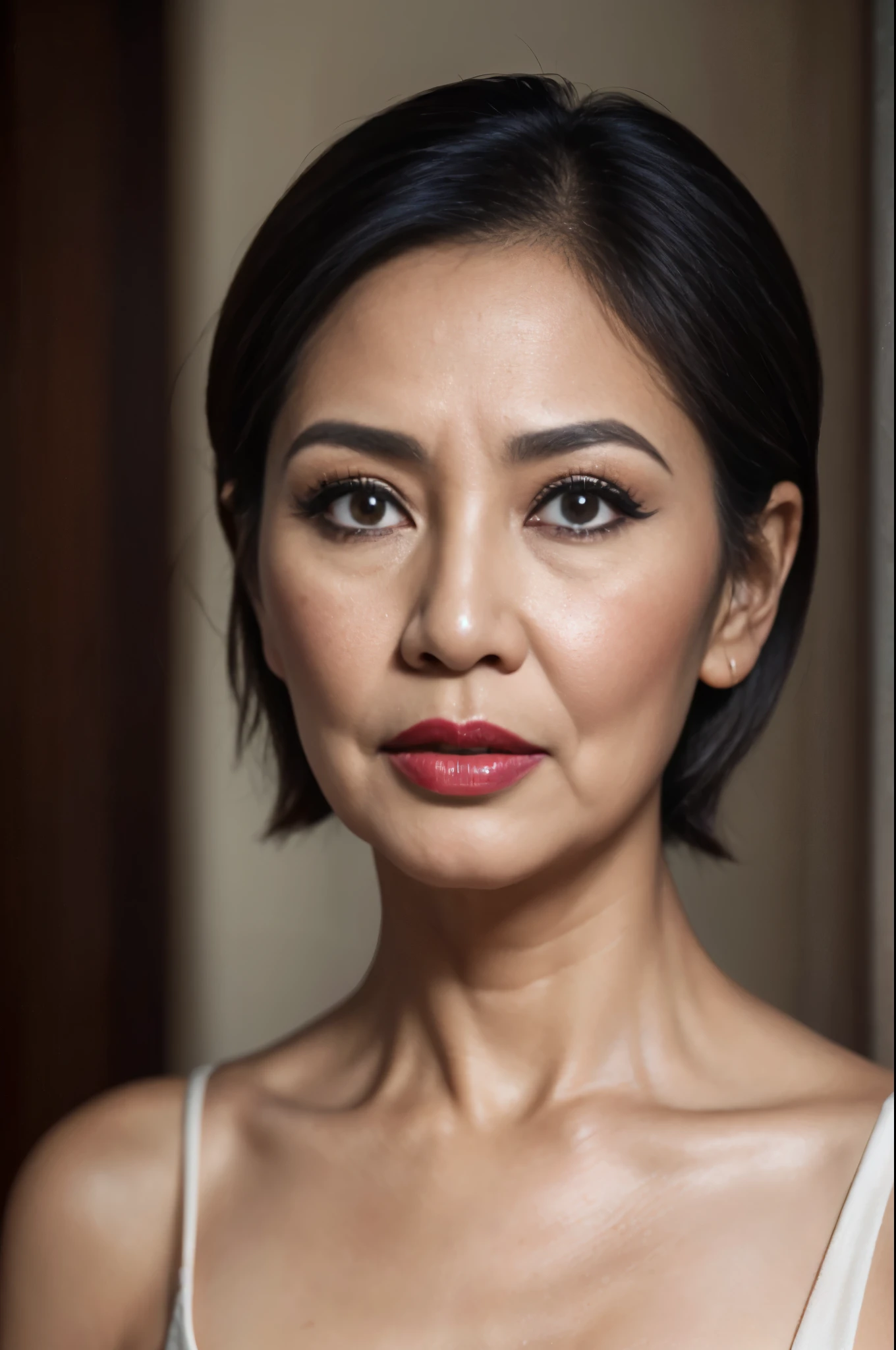 58-Years-Old,( Indonesian Mature Woman:1.1),, , ,( Seductive Look), ((portrait)) ,((best quality)), 8K,16K, HDR,high quality,,,,red lip,,,,(heavy make up),(black short hair),((facial wrinkle))