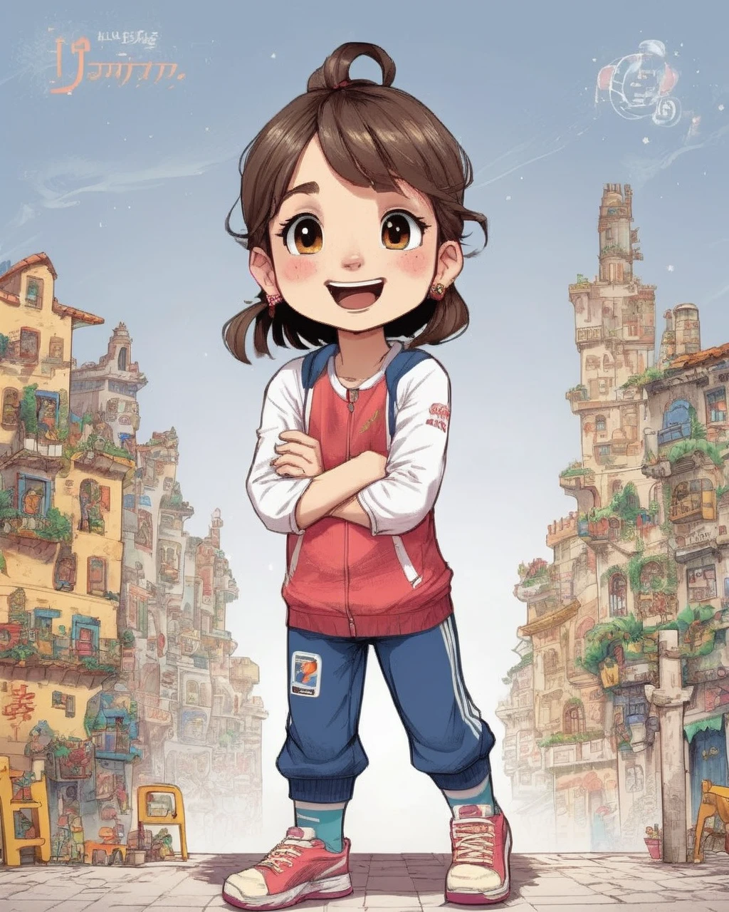 A child , ((T-POSE)), (正面), olhando para 正面, standing, fully body, Diego Gisbert Llorens, josan gonzales e dan mumford, a storybook illustration, simple background, 1 girl, full body, smile