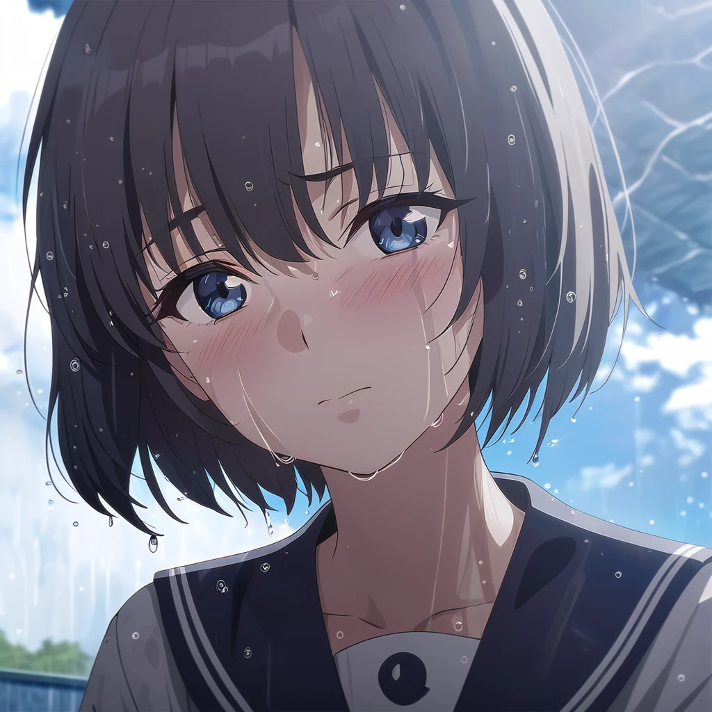 face shame, Short hair, cell animation style, 4K, professional photos, 16 year old girl, HDR, detailed face, uniform (open sailor , wet ), masterpiece, (light), beautiful background, realistic background, Anime style photo