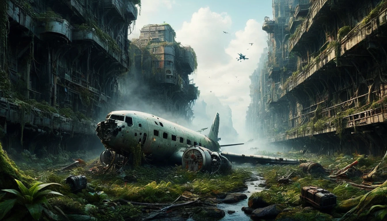 A vivid and detailed description of a dystopian sci-fi landscape with a huge, ruined vertical metropolis. The collapsed Boeing. The cityscape should contain magnificent, crumbling stone buildings of complex design. Including a huge vertical cityscape, it seems to be a mixture of ancient and futuristic elements. It also describes the abandoned technology scattered throughout the city, such as tangled wires and huge broken computers, a passenger plane covered in moss. Finally, it conveys a sense of despair and desolation through words, creating a sense of desolation and grandeur. The language should be rich, descriptive and stimulating.