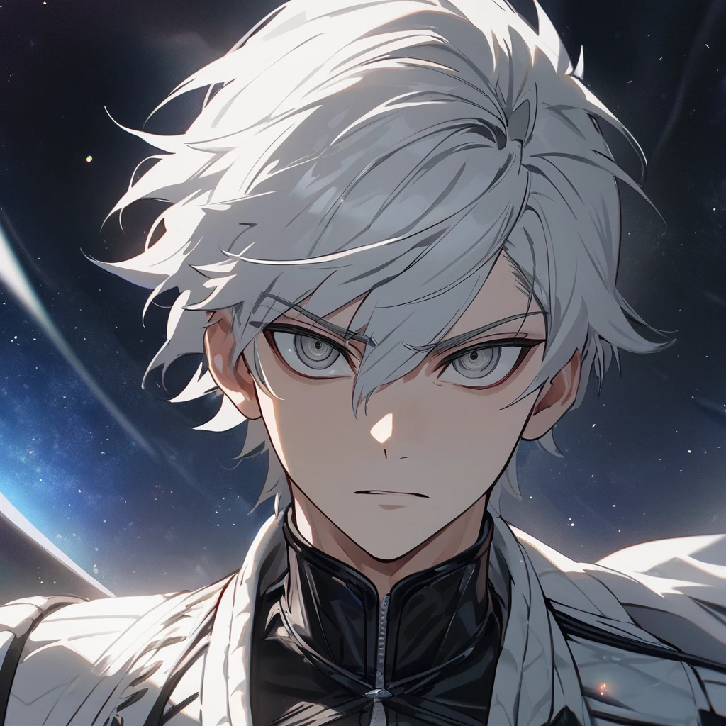 High quality, HD, 4k, no shadows, handsome male, 1male, , teenager, shwhite hair, silver hair, white hair, sharp eyes, dark grey colored eyes, deep grey eyes, grey eyes, devil may cry, close up, calm expression, stoic expression, black leather clothes, white leather clothing, lean body, well trained body, upper body, looking at viewer, cowboy shot, white solar, space background