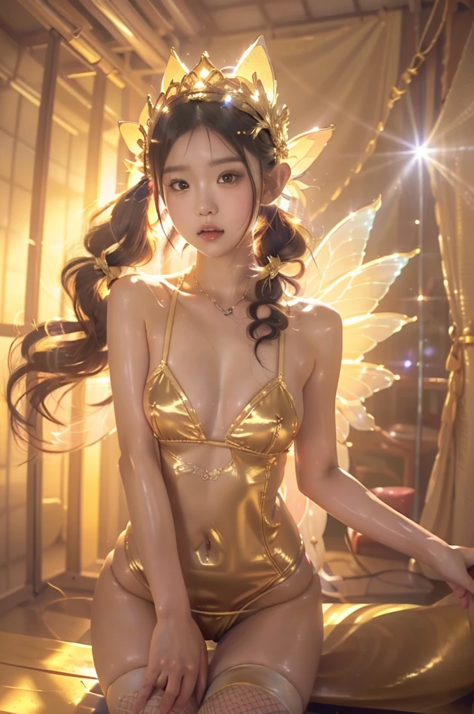 Japanese cute girl dressed as Kannon Bodhisattva, (wearing a golden leotard), ((wearing white fishnet stockings)), wearing a treasure crown on her head, Golden Transparent Fluttering , ((In front of the luxurious golden wall)), (very young girl), 9 yeaoily body))), (((twin tail hair))), straight twintail hair, white skin, standing, (She has fairy wings on her back), (((huge breasts))), (((rc))), (((High resolution))), (((anatomically correct)))