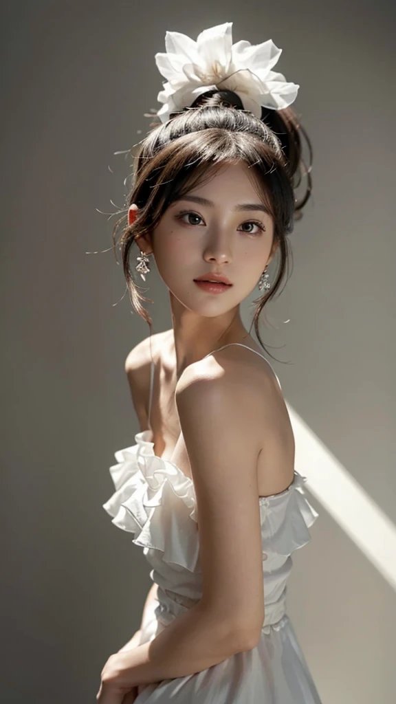 Bust Shot,Orange  Sleeveless Dress Style,Frilly dress,ruffled edges, layered,Accessories: Flower hairpiece, ribbon, fitted body,Commercials for luxury cosmetics style,Commercial filming studio,The background is all gray,Body in front,fully body photo,masutepiece, The highest image quality, High quality, the background is clear,Beautiful woman, Japanese, Detailed, Ultra-detailed, finely detail, hight resolution, 8K Wallpaper, Perfect dynamic composition, Beautiful detailed eyes ,Detailed eyes, Detailed skin, Beautiful skin, 超hight resolution, (reality: 1.4),Very beautiful woman, Slightly younger face, Beautiful skin, slender, (Ultra photo realsisim), (hight resolution), (8K), (Very detailed) (beautifully detailed eyes), (super detailed),   (Detailed face), view the viewer, Fine details, Detailed face, Staring straight ahead, Staring straight ahead, photos realistic, Bright lighting, Professional Lighting, Black hair,poneyTail,a baby face,sixteen years old,Hairstyle: ponytail,Long ponytail hairstyle,slight smile,