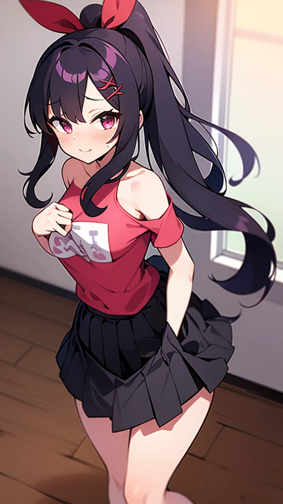 High tail hairstyle, two ponitalls, Ponytail hairstyle, Long wavy black hair, standing posing, anime girl style, pixel art anime style,penetrating look with deep eyes,red and purple eyes, hair with a ponytail hairstyle trapped with a big red bun, women, red hair clips, x color shaped hair clips , smiling face blush, next to his bed, Skirt, tank top, Black hair, big thighs, NSFW, Skirt fluttering in the wind, perfect panty, from above, viento levantando su Skirt haciendo que se le vea el panty, hands in fist , Skirt fluttering in the wind, Skirt levantada,