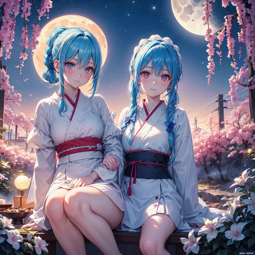 Sky blue hair, (Braided Ponytail:1.2), Pink eyes,Fair skin ,(whole body),(One Girl),Tsukimi,(White sweet dumplings ),White round dumplings,Japanese pampas grass,(beautiful, Full moon shining in the night sky),(masterpiece, Highest quality, Very detailed, Best Shadow), (Detailed Background), (Beautifully detailed face), High Contrast, (Best lighting, Very delicate and beautiful), ((Cinematic Light)), colorful, Hyper Detail,8k, Dramatic Light, Intricate details,Sit and eat dumplings while watching the moon,(Shadow of a rabbit on the moon),mysterious