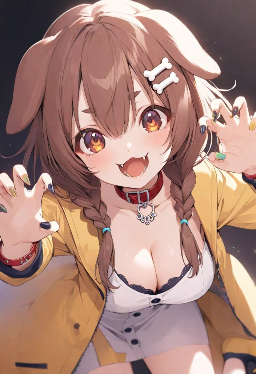 (muste piece), (best quality), (score_9, score_8_up, score_7_up), very detailed eyes, expressive eyes, perfect face, very detailed face, highly detailed face, beautiful girl, 8K, beautiful girl, white background, delicate and beautiful face and eyes, dark intense shadow,
1 girl, vtuber style, cool girl, hololive, Inugami korone, animal ears, bone hair ornament, brown hair, hair ornament, twin braids, dress, braid, claw pose, dog ears, white dress, yellow jacket, nail polish, collar, long hair, open mouth, red collar, hair between eyes, bangs, wristband, dog girl, low twin braids, smile, fangs, brown eyes, bracelet, open jacket, buttons, hairclip, open clothes, short dress, collarbone, big chest, cleavage, long sleeves, kneel, from below, look down,
