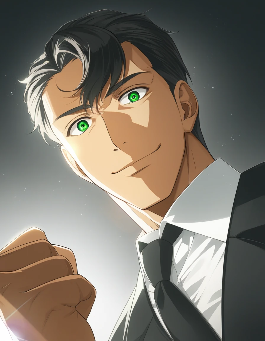 1man, veteran CIA agent, handsome mature, business hair with asymmetry bangs, narrow stubble, green platina blond hair, emerald eyes, 45yo, masculine gentleman, charming caucasian, ordinary uncle, pentagon shaped head, BREAK ideal ratio body proportions, middle weight muscular, beautiful detailed eyes, dark iris, BREAK solo, man in black suit, white shirt, black necktie, softly smile, BREAK upperlegs, dandy posing, dramatic expression, 2000s, visual novel, in newest eroge style, dutch angle, cinematic shadows, cinematic lighting, lens flare, epic scene, extreme all detailed, masterpiece, best quality, BREAK score_9, score_8_up, score_7_up, source_anime, rating_safe, score_6_up, score_5_up, score_4_up