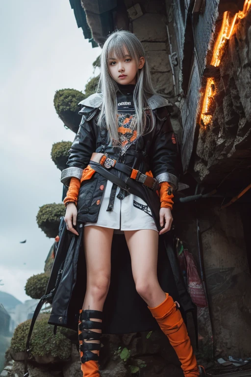 Style of Tsutomu Nihei,(Incredibly absurd, (High resolution:1.18), Intricate details, (masterpiece:1.1), (Highest quality:1.1), (Composition above the knees:1.5),(One girl, Portraiture, Gray Hair, Orange eyes, Long Hair, Detailed eyes),