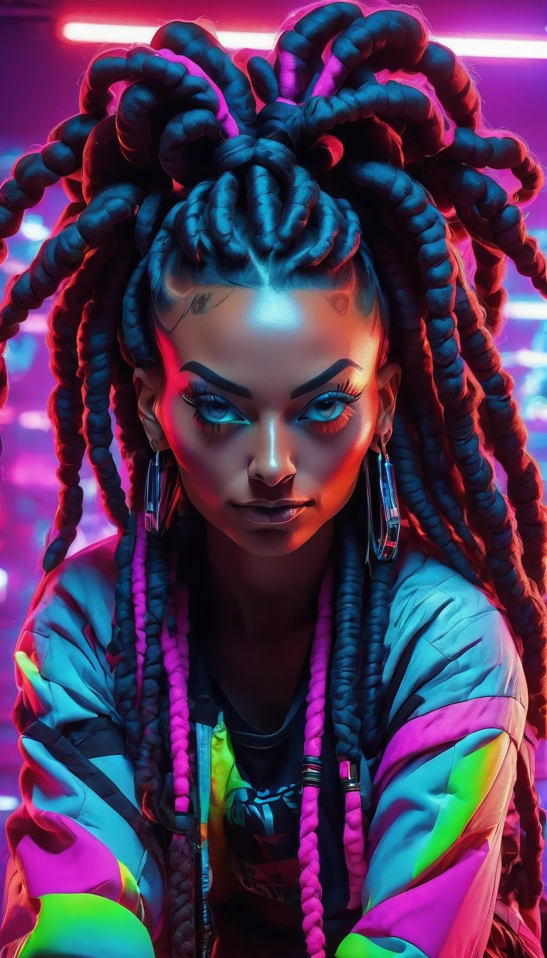 Araffe woman with dreadlocks and neon clothing in a neon room., neon atmospheres, spectacular and colorful lighting, ultraviolet and neon colors, shining with colored light, Neon colors, spectacular lighting and colors, Vibrant backlit, vibrant neon colors, colorful glow, fashion color studio lighting, bright Neon colors, vibrant hues, neon color, neon atmosphere, neon tones