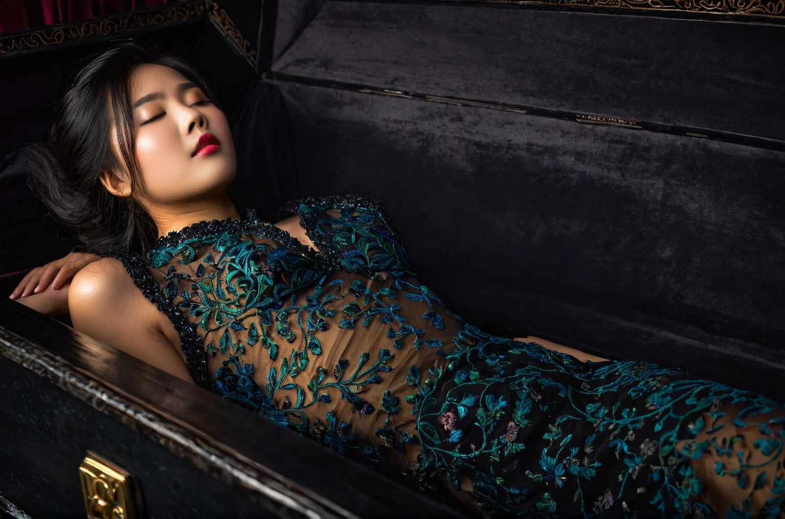 In a striking 8K HDR scene, a stunning Korean woman, 22 years old, lies peacefully in a black coffin surrounded by plush pillows. The deep box is set against a rich black background, accentuating the beauty of the subject. Her exquisite deep-V neckline kebaya attire is embroidered with superb detail, showcasing her round and firm breasts, perfect cleavage, and beautiful eyebrows. Her closed eyes and mouth give an air of serenity, while her visible and absolute cleavage leave nothing to imagination. The scene is bathed in saturated colors, highlighting every intricate aspect from the ball skirt to her clean face, straight body, detailed hand perfect hands, straight body, own hands together, own hand on stomach, detailed hands, perfect hands.