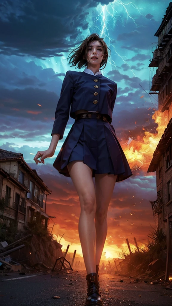 (Giantess element, high resolution, high quality, accurate body structure, detailed body),
BREAK,
Sexy, uniform, girl, looking up at approaching woman from below, cute, (girl destroying town with magic: 1.2), mischievous expression, white skin, smiling, walking, anatomically correct, accurate human body, accurate skeleton, whole body, shock wave from girl's hand, magic shock wave,
BREAK,
Rubbish, destroyed building, collapsed highway, burning town, rubble scattered at feet, lightning-like aura, in ruined city,