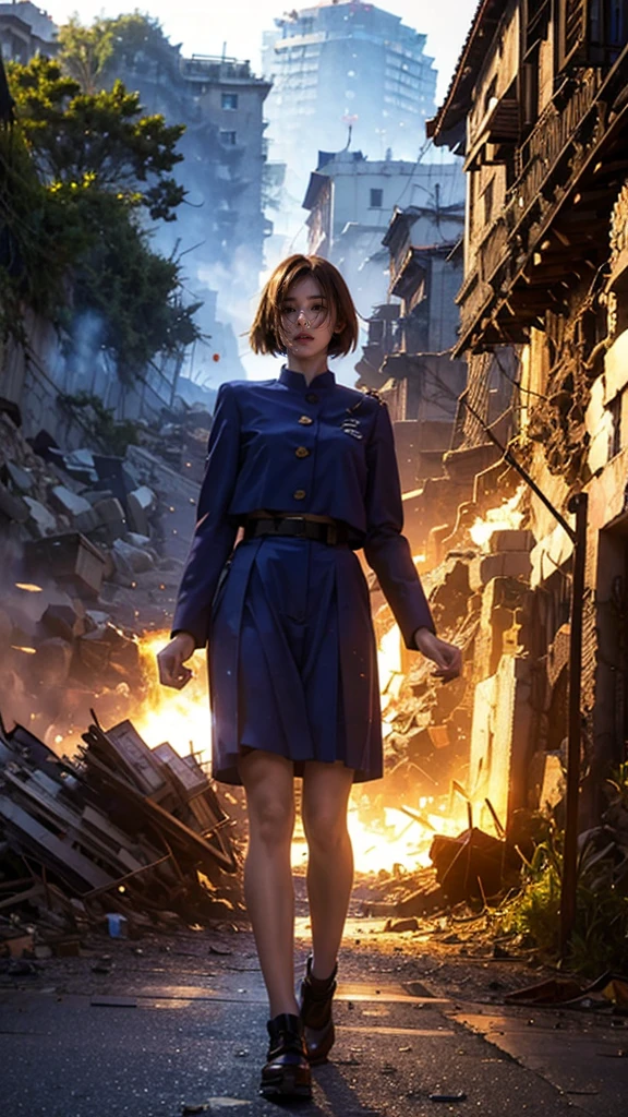 (Giantess element, high resolution, high quality, accurate body structure, detailed body),
BREAK,
Sexy, uniform, girl, looking up at approaching woman from below, cute, (girl destroying town with magic: 1.2), mischievous expression, white skin, smiling, walking, anatomically correct, accurate human body, accurate skeleton, whole body, shock wave from girl's hand, magic shock wave,
BREAK,
Rubbish, destroyed building, collapsed highway, burning town, rubble scattered at feet, lightning-like aura, in ruined city,