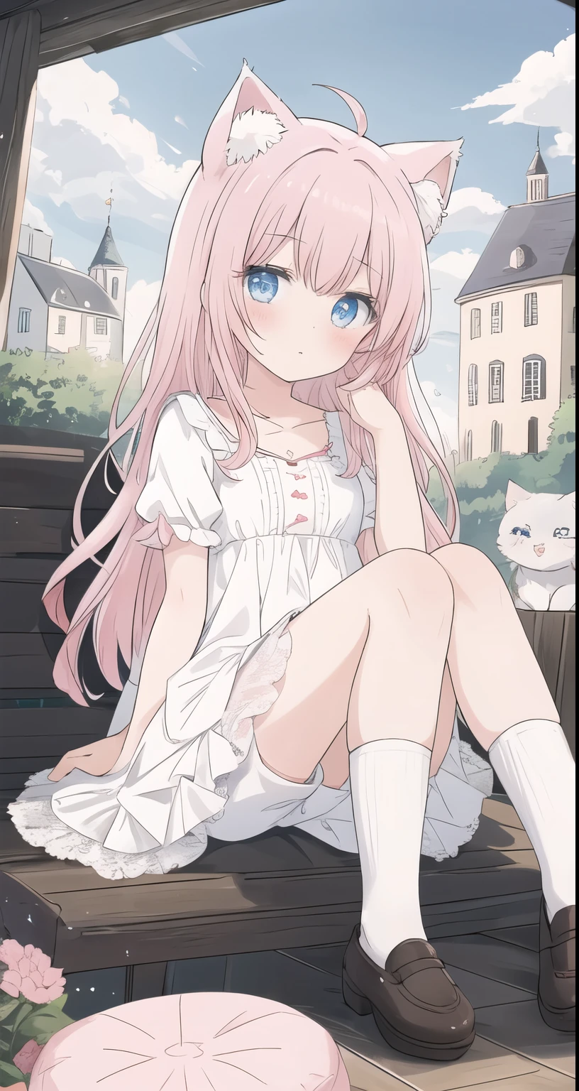 masterpiece, best quality,tower,town,Europe,A girl,Pink Hair,Long hair,sit,blue eyes,White Dress,White socks,roof，Cat ear，Lace，White fluffy shorts