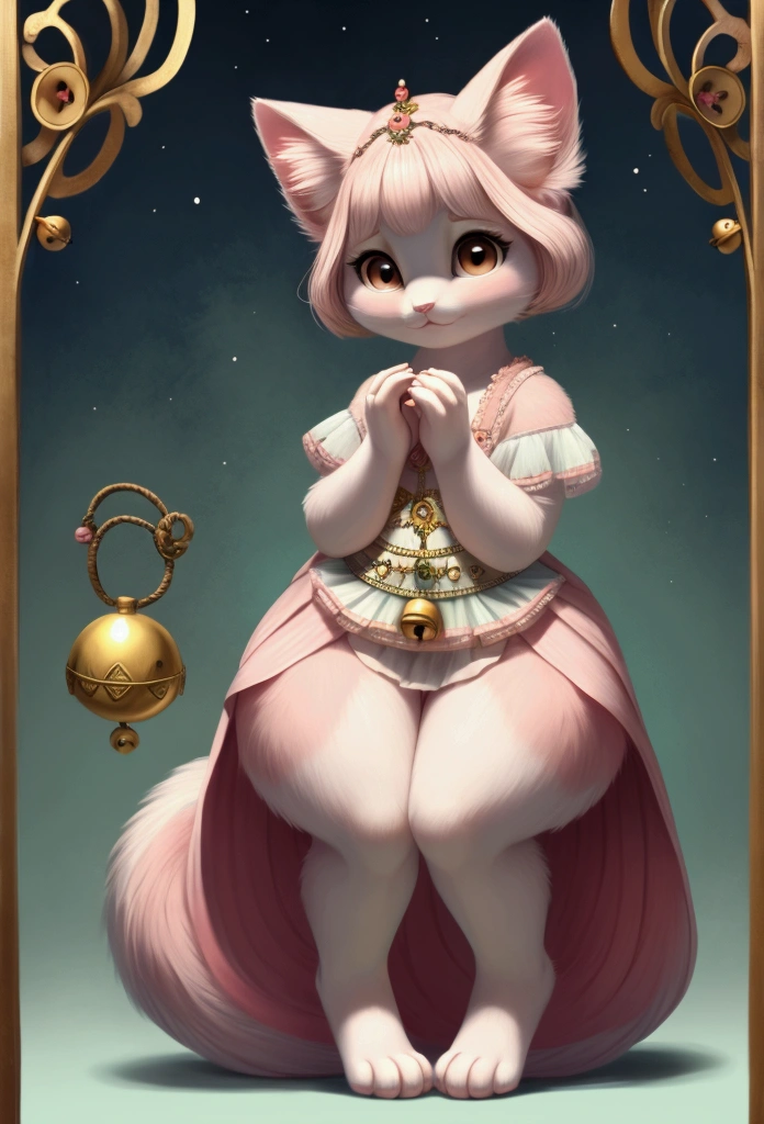 Small thin female kitten with good big thighs and white and pink fur and brown eyes and she has two bells, one green and the other pink but in a pastel shade and she is a magical being.