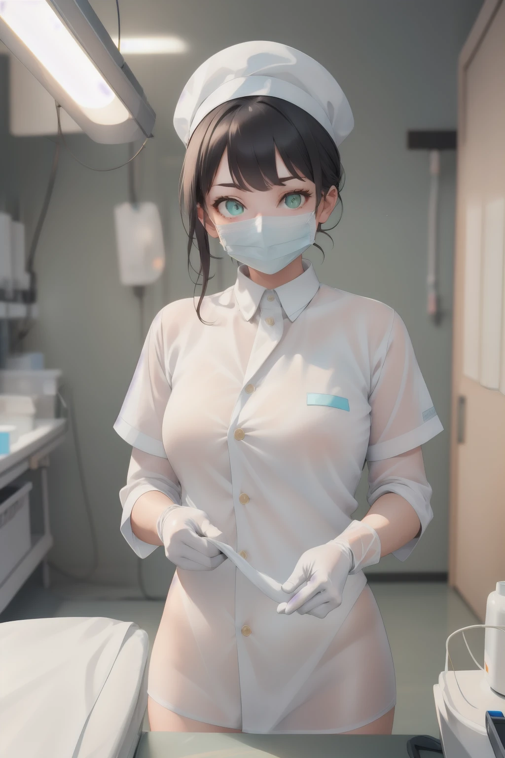 (RAW photos, best quality), 1 Girl, Long-sleeved surgical gown, Surgical masks,  surgical gloves, Surgical caps,  Operating Room, Overhead surgical lights, Blurred background, When Gao Ben is focused