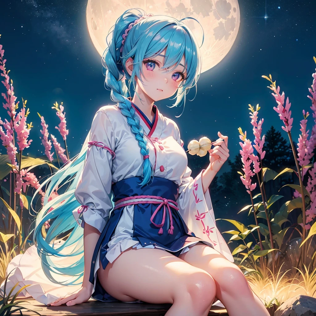 Sky blue hair, (Braided Ponytail:1.2), Pink eyes,Fair skin ,(whole body),(One Girl),Tsukimi,(White sweet dumplings ),White round dumplings,Japanese pampas grass,(beautiful, Full moon shining in the night sky),(masterpiece, Highest quality, Very detailed, Best Shadow), (Detailed Background), (Beautifully detailed face), High Contrast, (Best lighting, Very delicate and beautiful), ((Cinematic Light)), colorful, Hyper Detail,8k, Dramatic Light, Intricate details,Sit and eat dumplings while watching the moon,(Shadow of a rabbit on the moon),mysterious