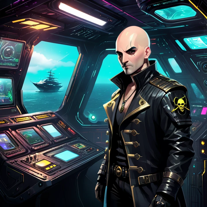 Cyberpunk pirate man captain Bald, Tricornio , dark futuristic ship interior background, control panel