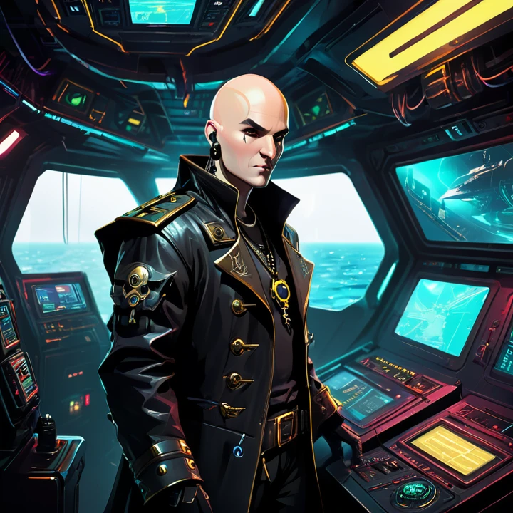 Cyberpunk pirate man captain Bald, Tricornio , dark futuristic ship interior background, control panel