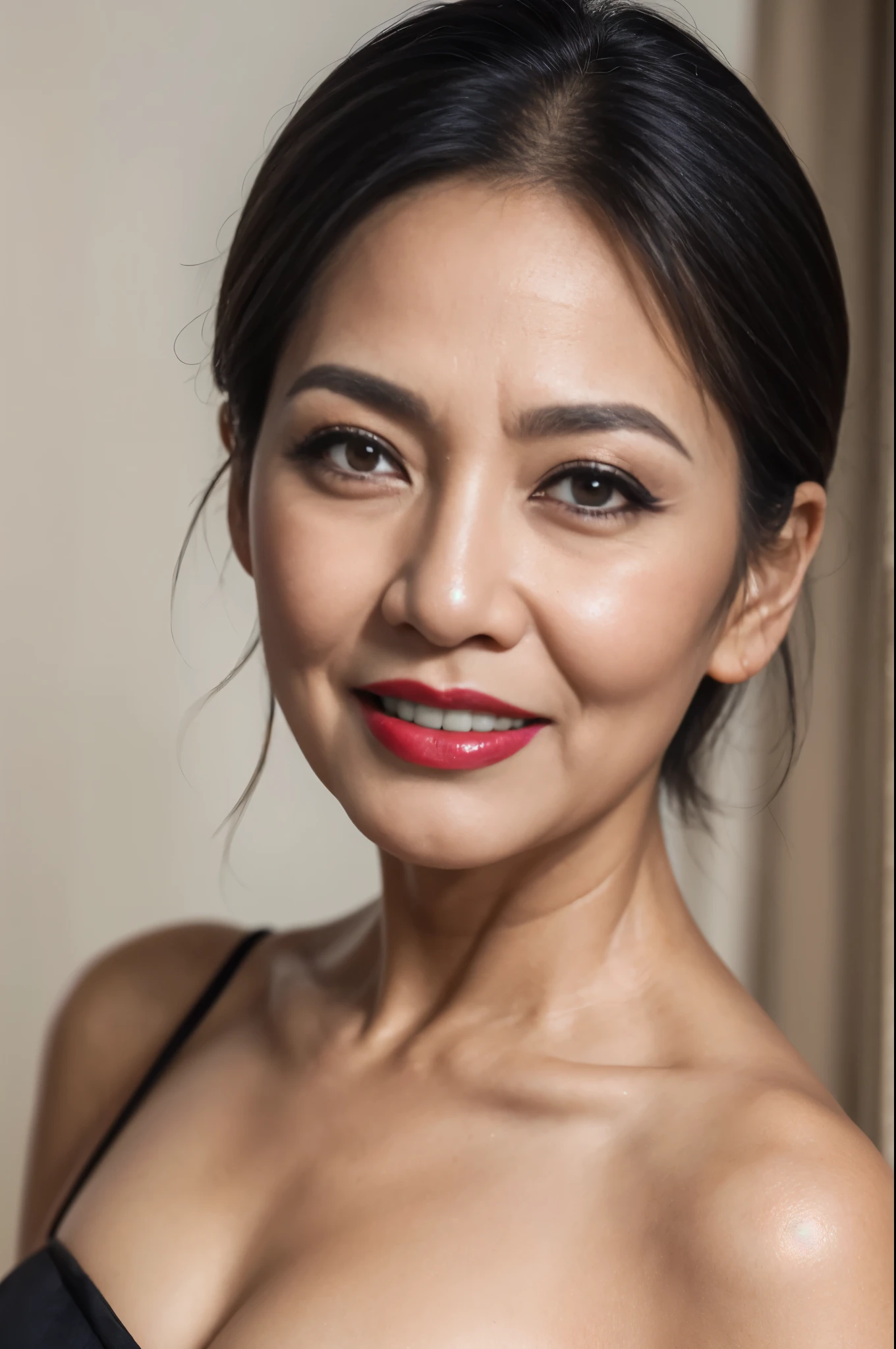 58-Years-Old,( Indonesian Mature Woman:1.1),, , ,( Seductive Look), ((portrait)) ,((best quality)), 8K,16K, HDR,high quality,,,,red lip,,,,(heavy make up),(black short hair),((facial wrinkle)),smile