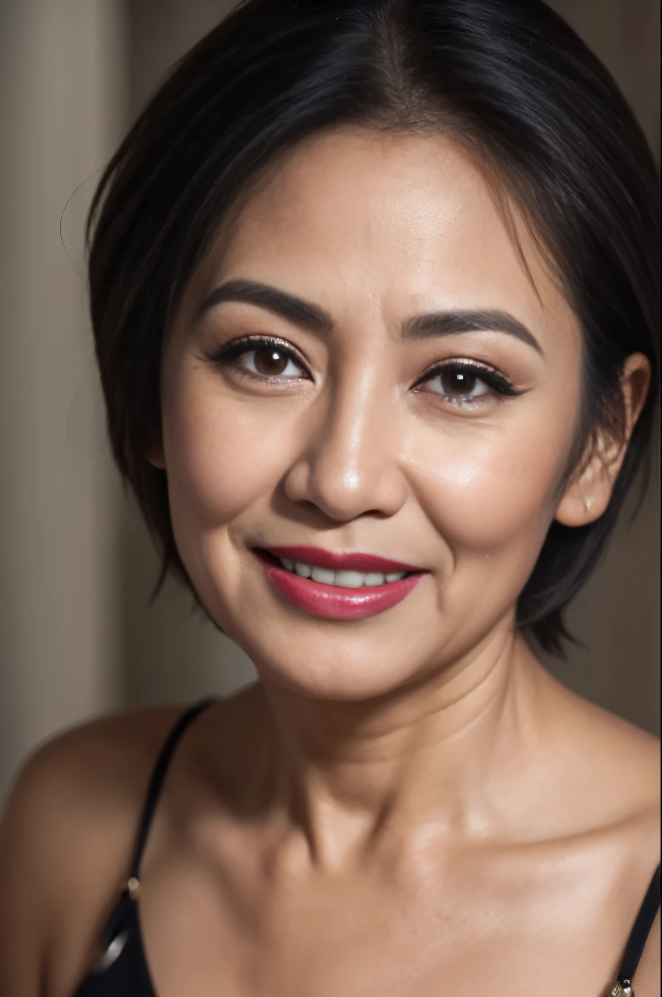 58-Years-Old,( Indonesian Mature Woman:1.1),, , ,( Seductive Look), ((portrait)) ,((best quality)), 8K,16K, HDR,high quality,,,,red lip,,,,(heavy make up),(black short hair),((facial wrinkle)),smile