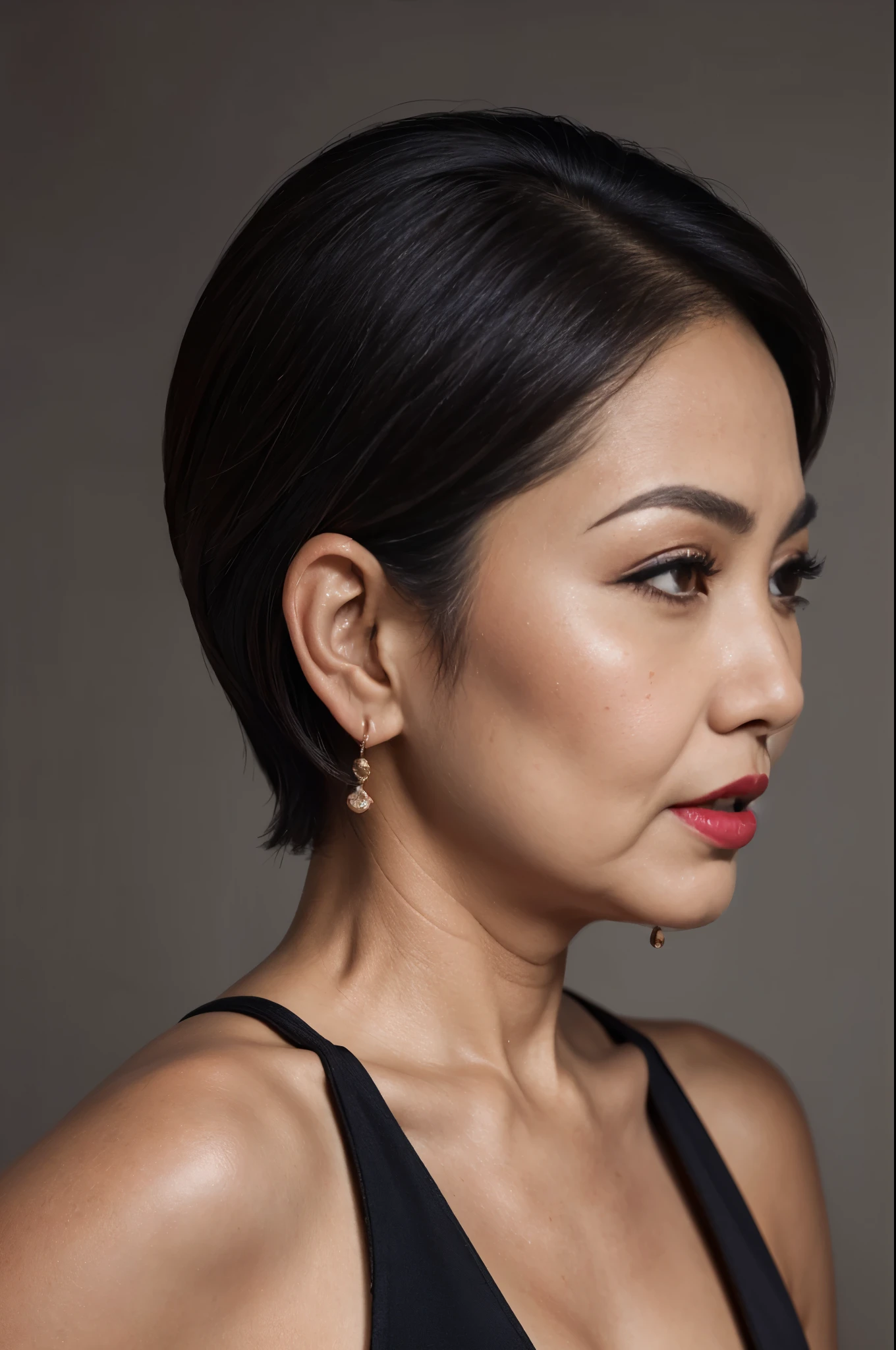 58-Years-Old,( Indonesian Mature Woman:1.1),, , ,( Seductive Look), ((portrait)) ,((best quality)), 8K,16K, HDR,high quality,,,,red lip,,,,(heavy make up),(black short hair),((facial wrinkle)),((from side))