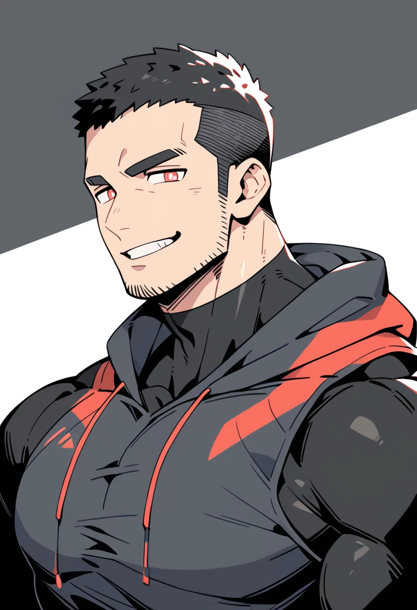 anime characters:Priapus, Black Black Skin Muscle Sports Student, Manliness, Buzz Cut,male focus, Sports tight hooded sweatshirt, Under Armour Brand, Wear a high-necked tights underneath, Very tight, Huge pectoral muscles, muscular male, muscular, only, Upper body, alone, Red short hair, Thick eyebrows, Stubble, Brown-red pupils, White background, Solid color background, Clean background, simple background, amazing quality, best aesthetics, Ridiculous, crew cut, smirk, bright pupils, grin, negative space, negative space, best quality