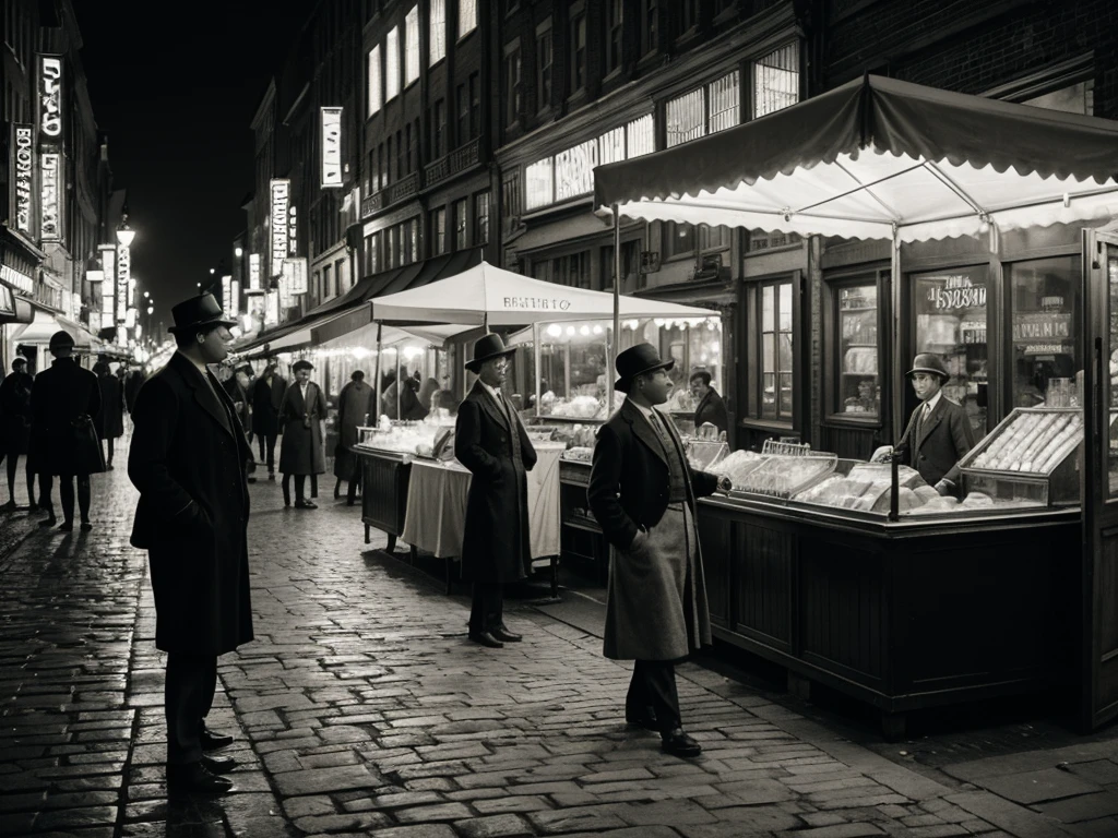 1920s city street scene, vintage illustration, monochrome, bustling cityscape, classic cars, street vendors, people in period clothing, detailed storefronts, cobblestone roads, old-fashioned lamps, atmospheric lighting, cinematic composition, masterpiece, high resolution, photorealistic