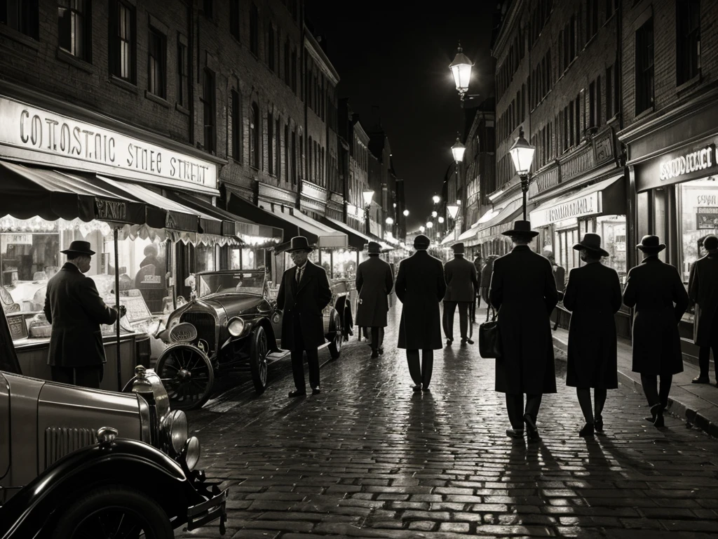 1920s city street scene, vintage illustration, monochrome, bustling cityscape, classic cars, street vendors, people in period clothing, detailed storefronts, cobblestone roads, old-fashioned lamps, atmospheric lighting, cinematic composition, masterpiece, high resolution, photorealistic