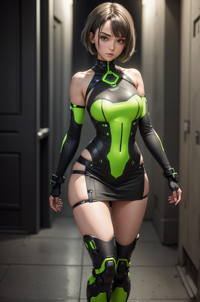 short and tight green and gray cybernetic style dress, dress showing the black panties visible for being in a very short dress, gray cybernetic boots in the middle of the thigh, girl with short brown hair, green eyes, wide hips, thin waist, big ass,
