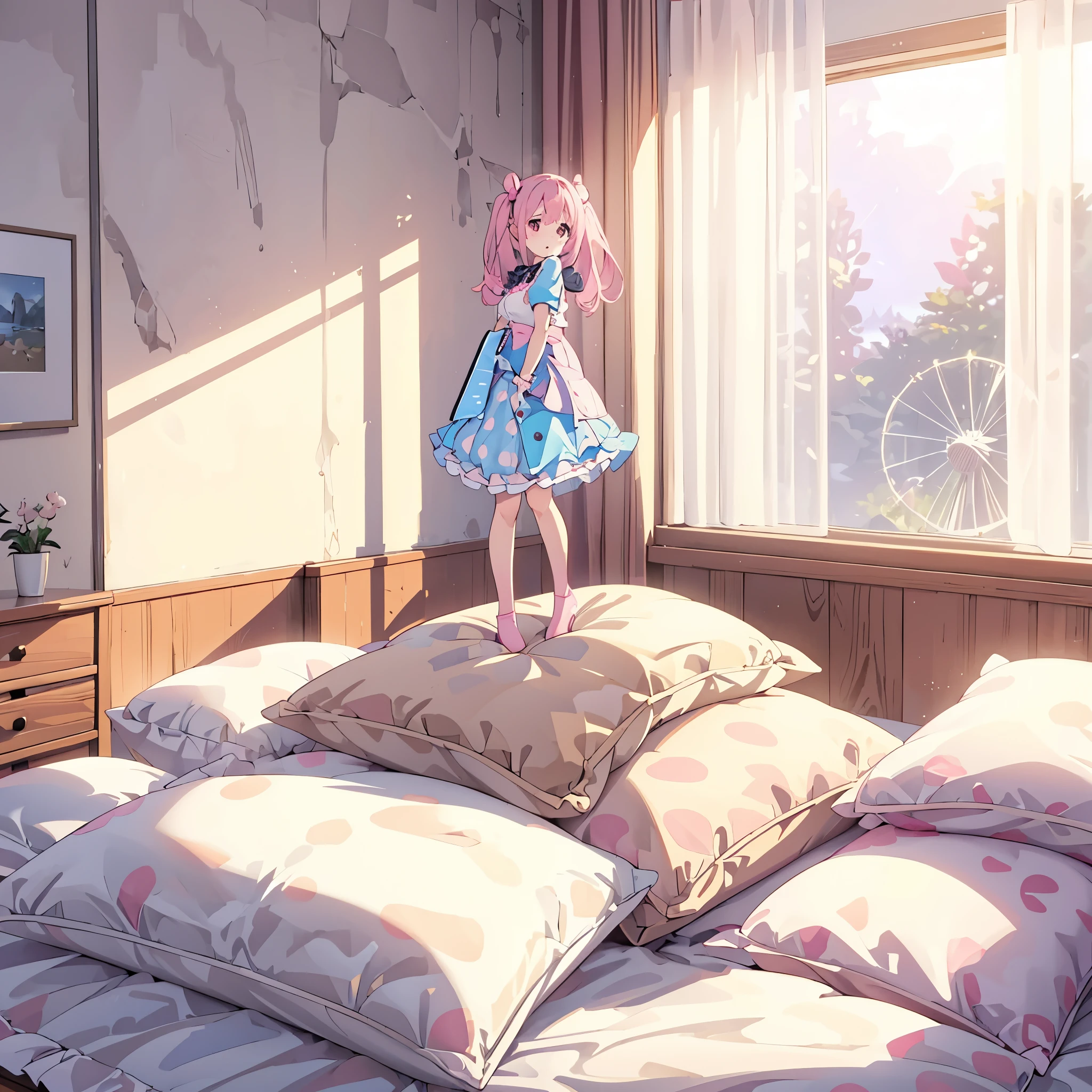 （best quality， masterpiece），full body, 1 girl, solo, mine ,nsfw, details, (Light and shadow oxtail , Cute girl posing on pillow ，standing on pillow，（Steaming hot），（pillow), large pillow, (((colorful))), color correction, pink hair, pink pillow, (((pink polkadot pillow))), (((blue uniform))), (((white skirt))), stocking, brown shoes, hugging pillow, 1 pillow