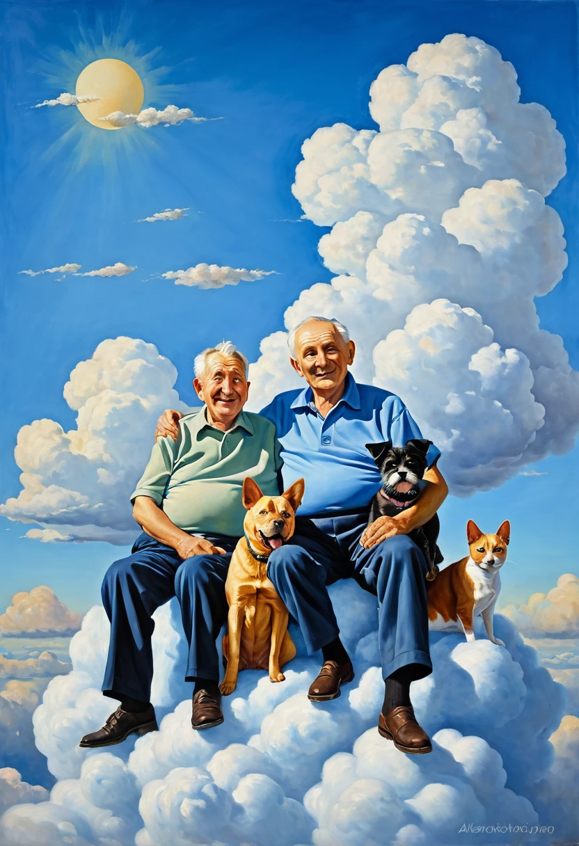 painting of an elderly couple with a cat and a dog sitting on a cloud against a blue sky, two old men, Alexander Kucharski, Igor Grabar, Dechko Uzunov, Vladimir Novak, ultra humorous oil painting, Yasar Vurdem, Mikhail Lebedev, Oleg Lipchenko, Bencho Obreshkov