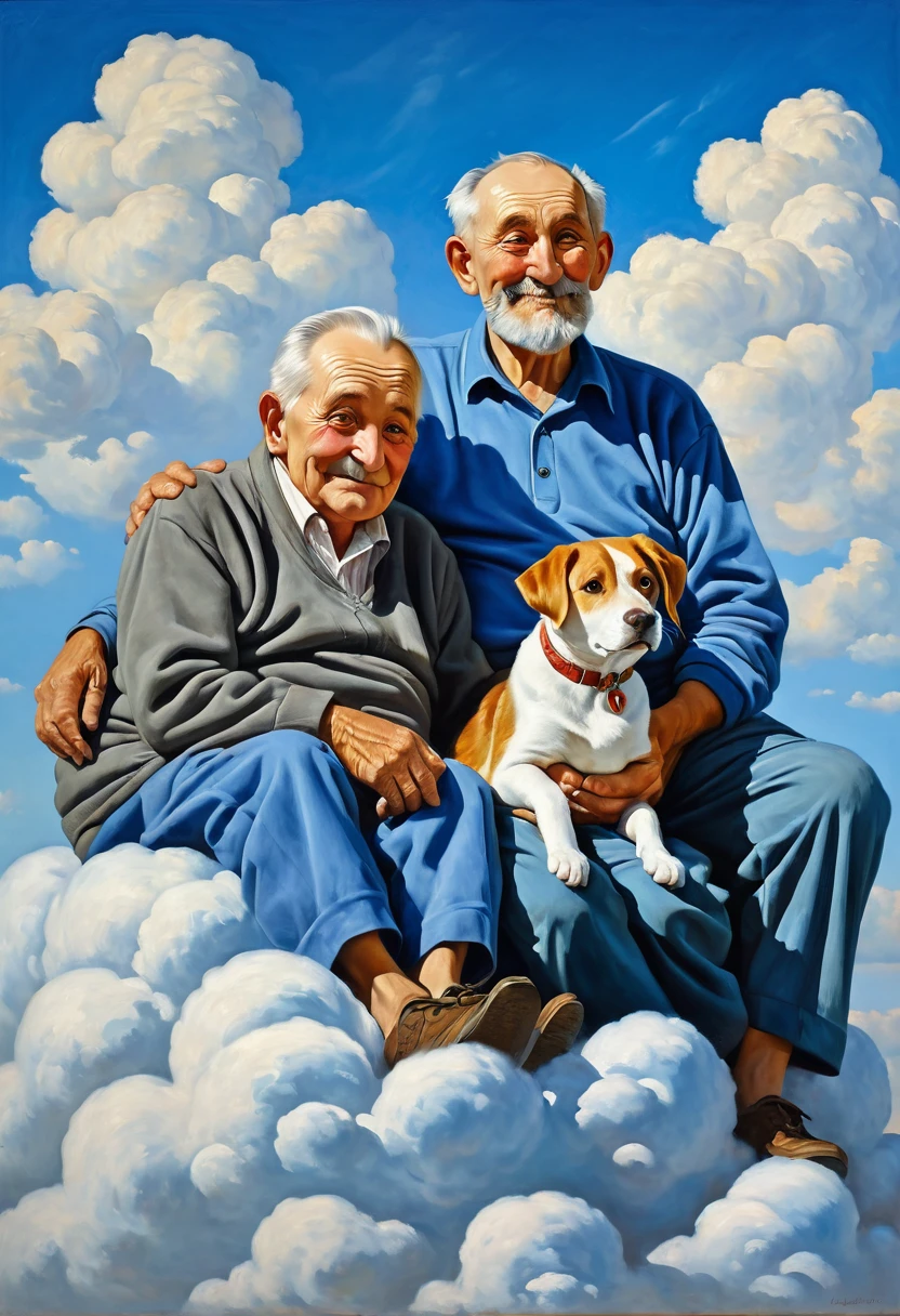 painting of an elderly couple with a cat and a dog sitting on a cloud against a blue sky, two old men, Alexander Kucharski, Igor Grabar, Dechko Uzunov, Vladimir Novak, ultra humorous oil painting, Yasar Vurdem, Mikhail Lebedev, Oleg Lipchenko, Bencho Obreshkov