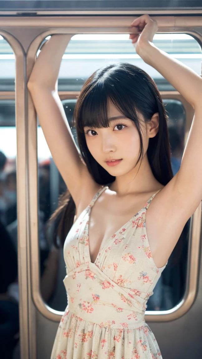 A crowded train on the way to work, Beautiful 24 year old Japanese woman, She has the prettiest face, A woman in a sleeveless summer dress is standing holding a suspension strap, Her armpits are visible, Private area is shaved, She looks shy, Photo realistic, ultra high  resolution, 8K, masterpiece