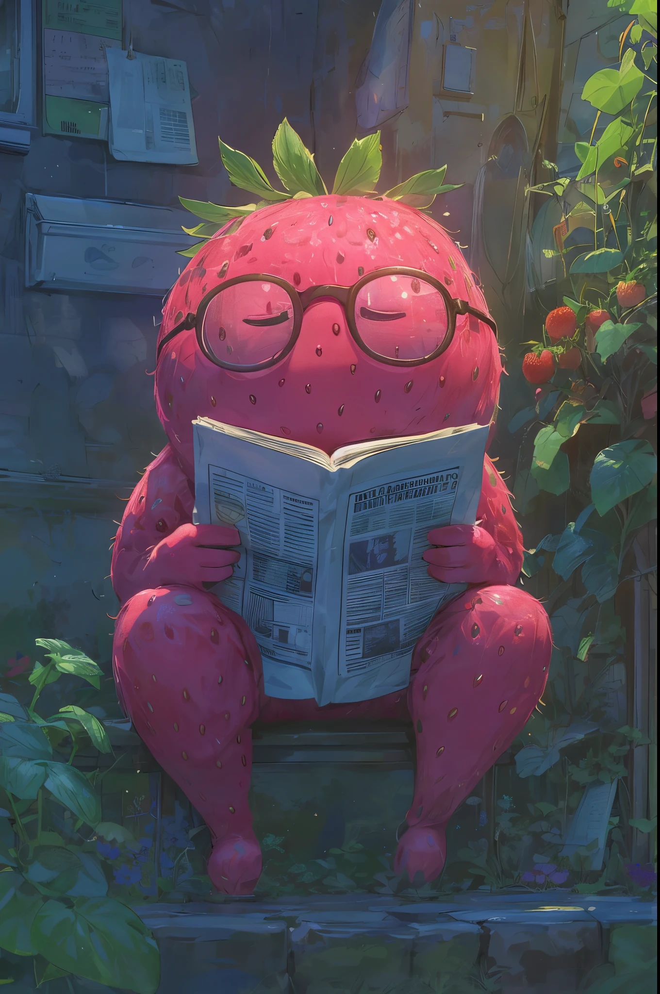 a cartoon strawberry with glasses reading newspaper at the patio surrounded by verdant garden, detailed anime style,cute,pixar animation style,vibrant colors,natural lighting,highly detailed,intricate background,photorealistic,elegant,soft textures,whimsical,magical,fantasy,lush foliage,beautiful scenery,peaceful atmosphere