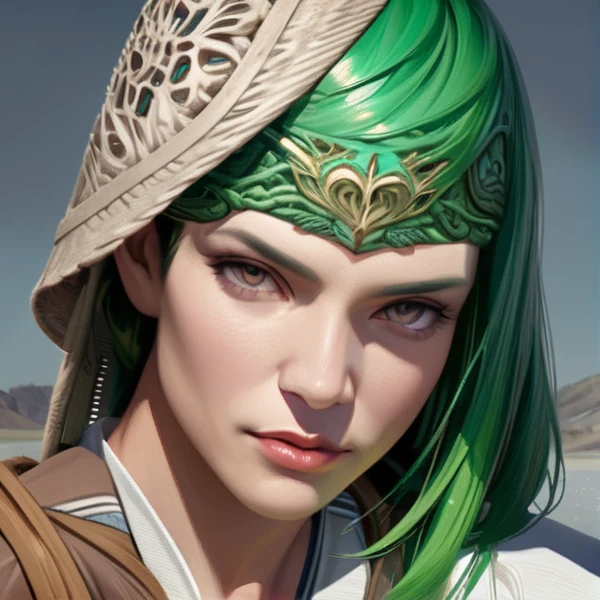 a alchemist farmer, wearing white clothes, green hair, detailed portrait, fantasy, intricate details, 4k, ultra-detailed, hyper realistic, photorealistic, color harmony, dramatic lighting, cinematic, concept art style, surreal