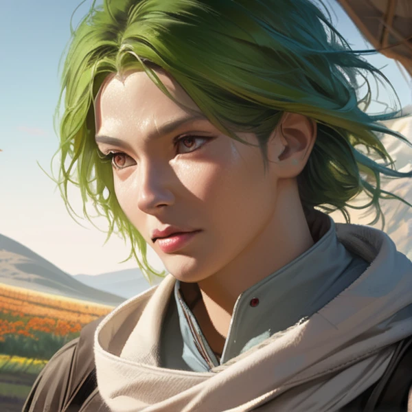 a alchemist farmer, wearing white clothes, green hair, detailed portrait, fantasy, intricate details, 4k, ultra-detailed, hyper realistic, photorealistic, color harmony, dramatic lighting, cinematic, concept art style, surreal