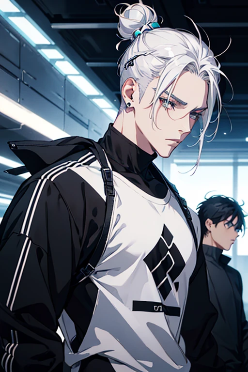 Anime man gradient young white hair low on shaved sides turns hair bun to the left side in the middle serious face with black earrings black sweatshirt Speed jeans futuristic clothes black dark circles under his eyes big black hair big brown hair extremely futuristic clothes futuristic clothes futuristic sweatshirt black skinny jeans male