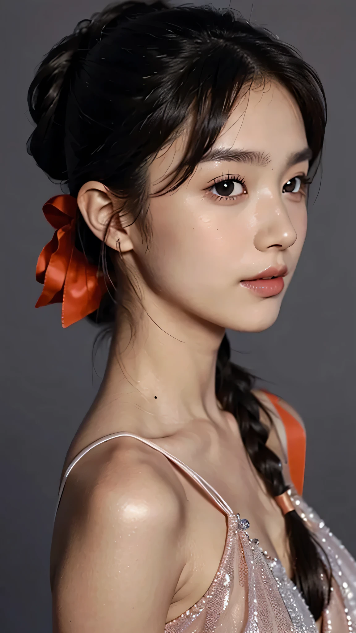 Bust Shot,Orange  Sleeveless Dress Style,Frilly dress,ruffled edges, layered,Accessories: Flower hairpiece, ribbon, fitted body,Commercials for luxury cosmetics style,Commercial filming studio,The background is all gray,Body in front,fully body photo,masutepiece, The highest image quality, High quality, the background is clear,Beautiful woman, Japanese, Detailed, Ultra-detailed, finely detail, hight resolution, 8K Wallpaper, Perfect dynamic composition, Beautiful detailed eyes ,Detailed eyes, Detailed skin, Beautiful skin, 超hight resolution, (reality: 1.4),Very beautiful woman, Slightly younger face, Beautiful skin, slender, (Ultra photo realsisim), (hight resolution), (8K), (Very detailed) (beautifully detailed eyes), (super detailed),   (Detailed face), view the viewer, Fine details, Detailed face, Staring straight ahead, Staring straight ahead, photos realistic, Bright lighting, Professional Lighting, Black hair,poneyTail,a baby face,sixteen years old,Hairstyle: ponytail,Long ponytail hairstyle,slight smile,