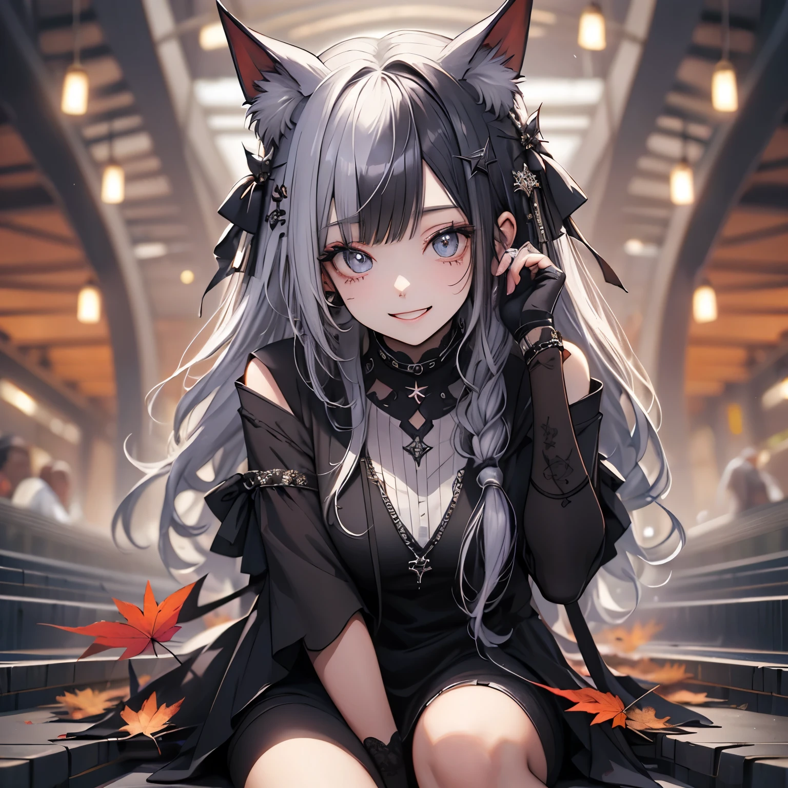 (masterpiece), Highest quality, Ultra-high resolution,Silver Hair、Black Hair、Big smile、Bat、Sick Makeup、brown、(autumn:1.3)、autumn leaves