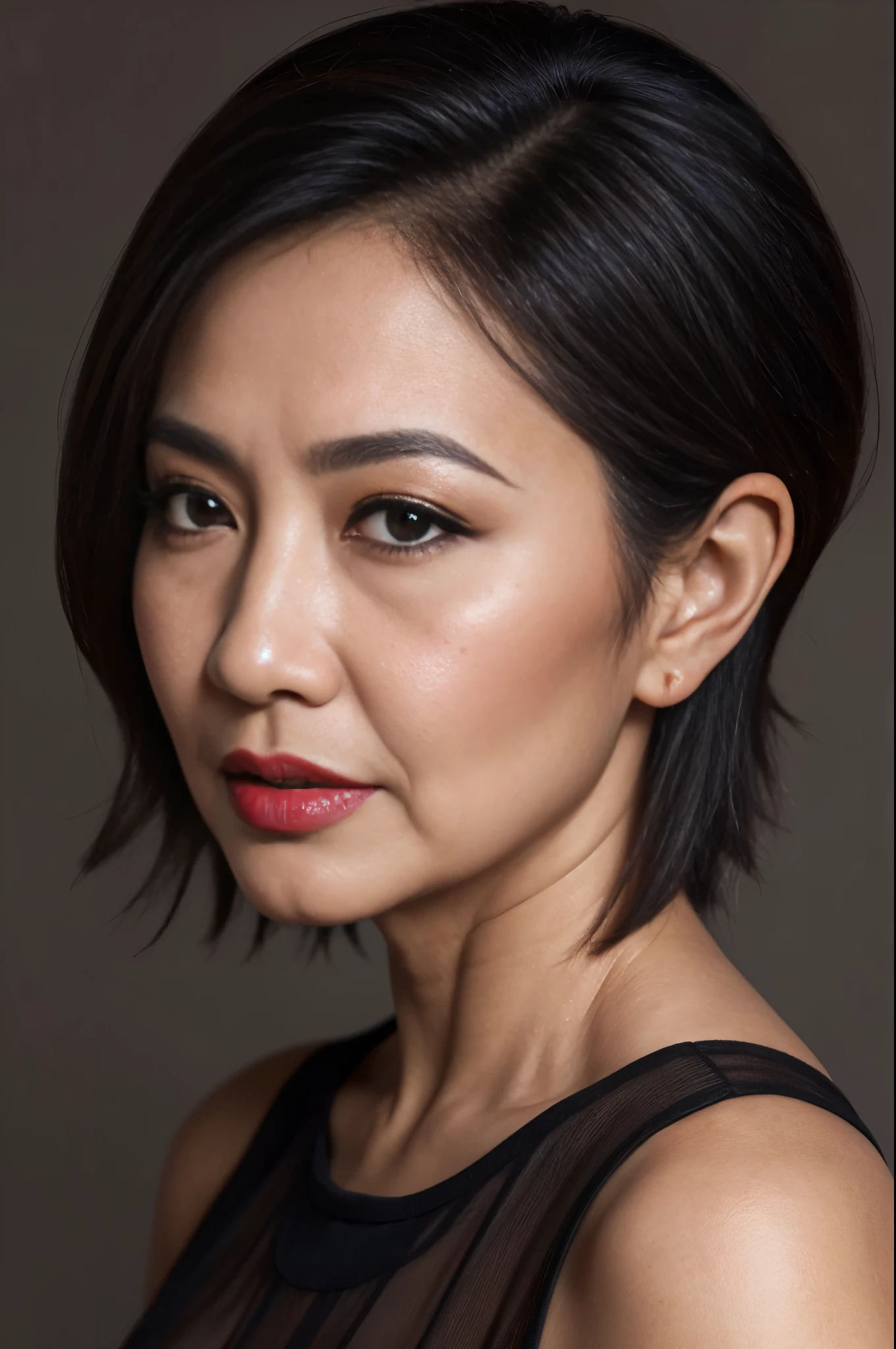 58-Years-Old,( Indonesian Mature Woman:1.1),, , ,( Seductive Look), ((portrait)) ,((best quality)), 8K,16K, HDR,high quality,,,,red lip,,,,(heavy make up),(black short hair),((facial wrinkle)),((from side))