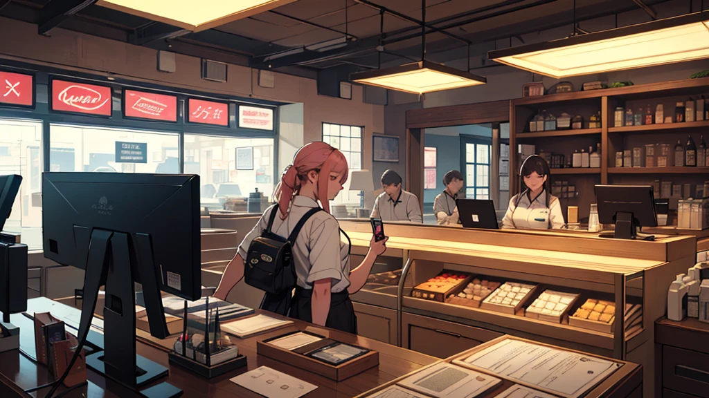 High level of image quality,Cash register,Bright,clean,Cover、Western Restaurant,Cash register,A female cashier,A girl,clerk,Merchant Clothing,masterpiece, Top quality, best quality,beautiful and aesthetic:1.2,Professional Illustration:1.1,Ultra Detailed:1.3,Perfect lighting