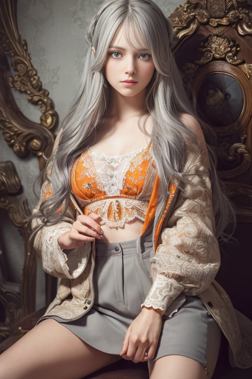 (Incredibly absurd), (High resolution:1.18), Intricate details, (masterpiece:1.1), (Highest quality:1.1), (Composition above the knees:1.5),(One girl, Portraiture, Gray Hair, Orange eyes, Long Hair, Detailed eyes),