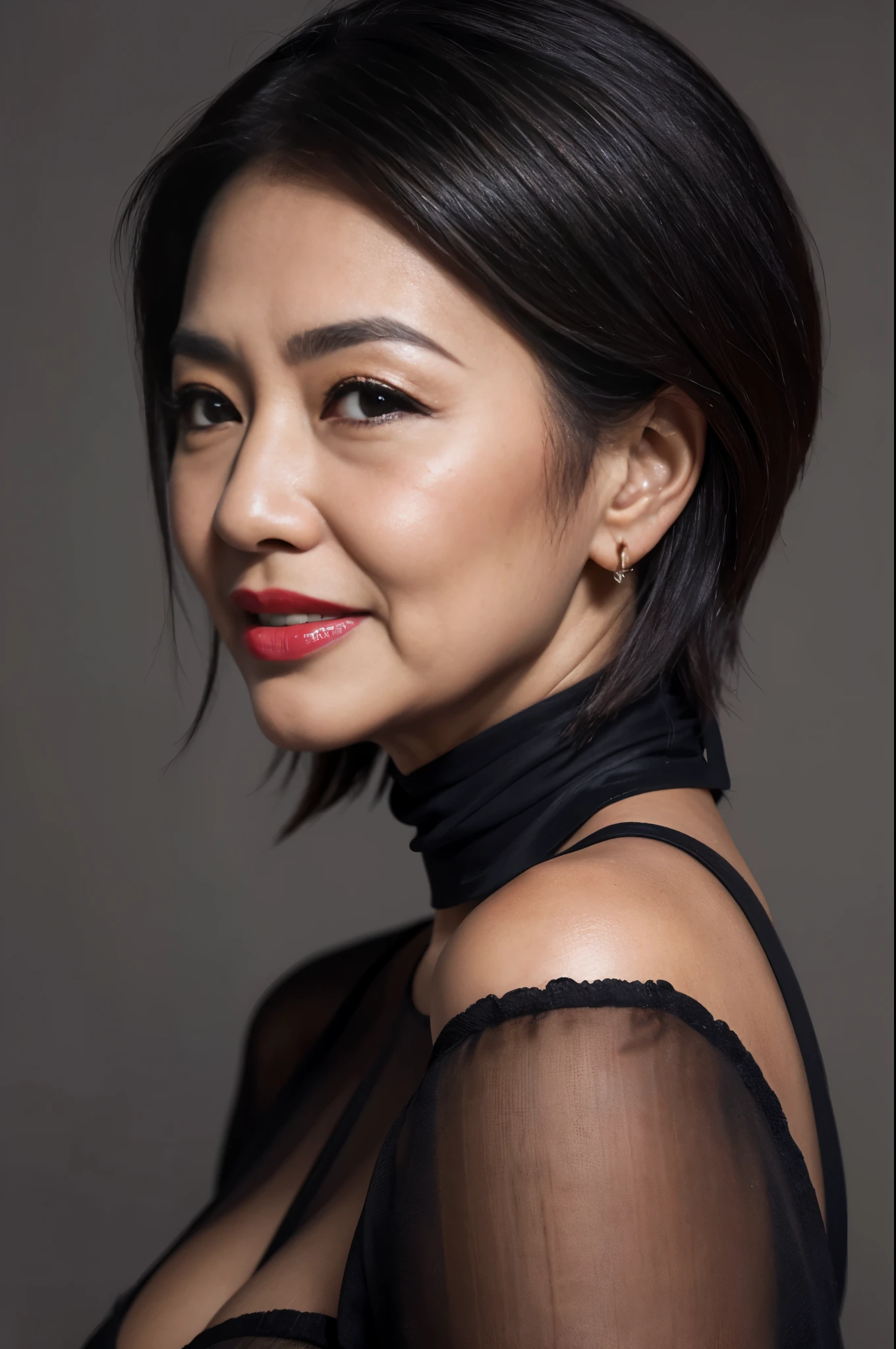 58-Years-Old,( Indonesian Mature Woman:1.1),, , ,( Seductive Look), ((portrait)) ,((best quality)), 8K,16K, HDR,high quality,,,,red lip,,,,(heavy make up),(black short hair),((facial wrinkle)),smile,((from side))