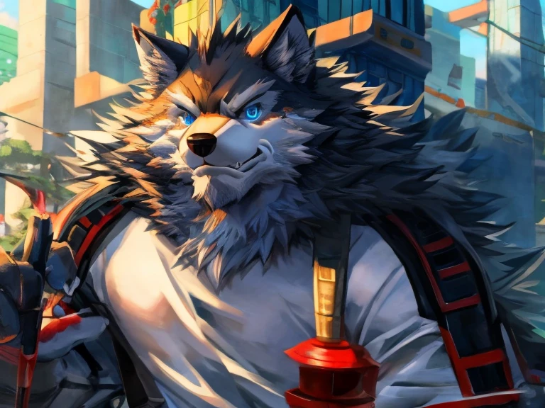 Anime Wolf，blue eyes，Wearing a white shirt，Furry wolf, Anthropomorphic wolves, High-quality fanart, Furry anime, Very very beautiful furry art, an Anthropomorphic wolf, Anthropomorphic wolf, High-quality anime art style, Anthropomorphic wolf脸, Anime style, Official Art, fursona art