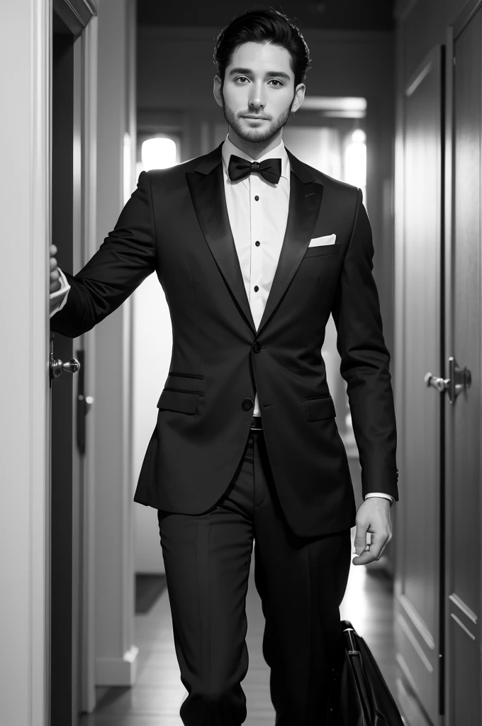An elegant 30-year-old man leaving the MEN'S CLUBE BARBERIA with an impeccable cut, reflecting its image in a giant mirror in the middle of two mountains and below the mountains a dam.