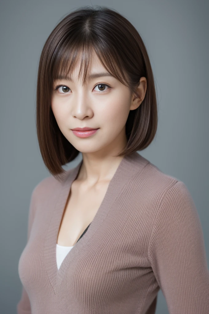 (the Extremely Detailed CG Unity 8K Wallpapers,masutepiece, Best Quality, Ultra-detailed), Gray background, 40-year-old female living in Japan, large full breasts, dark brown hair、poneyTail, 40-year-old female nursery teacher, Light on Face, Looking at the camera, The woman I admire, 40 year old beautiful woman working in nursery school