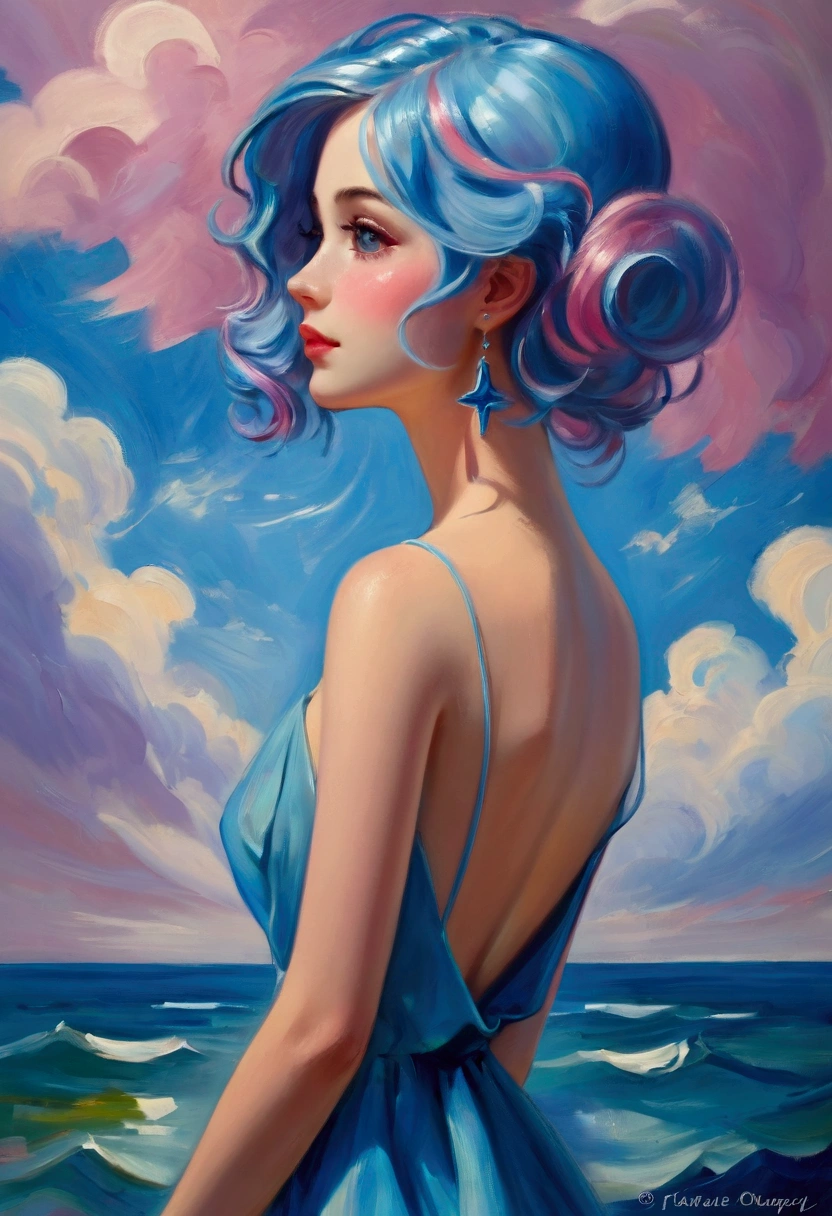 ((Inspired by Charles Camoin)), (Impressionist Painting), 1 Girl,Upper part of the body,elegant dress,View from the side,Looking at the audience,Half blue half pink hair,water,cloud,star
