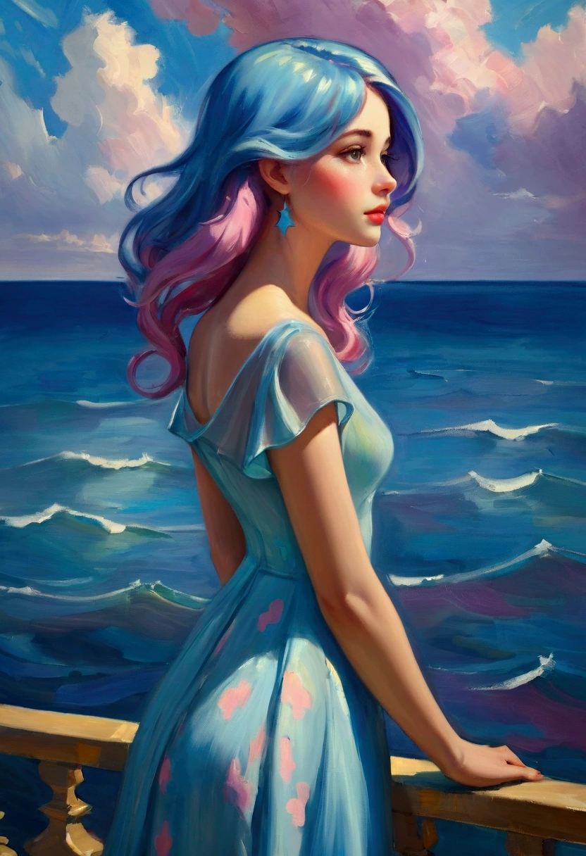 ((Inspired by Charles Camoin)), (Impressionist Painting), 1 Girl，Upper part of the body，elegant dress，View from the side，Looking at the audience，Half blue half pink hair，water，cloud，star
