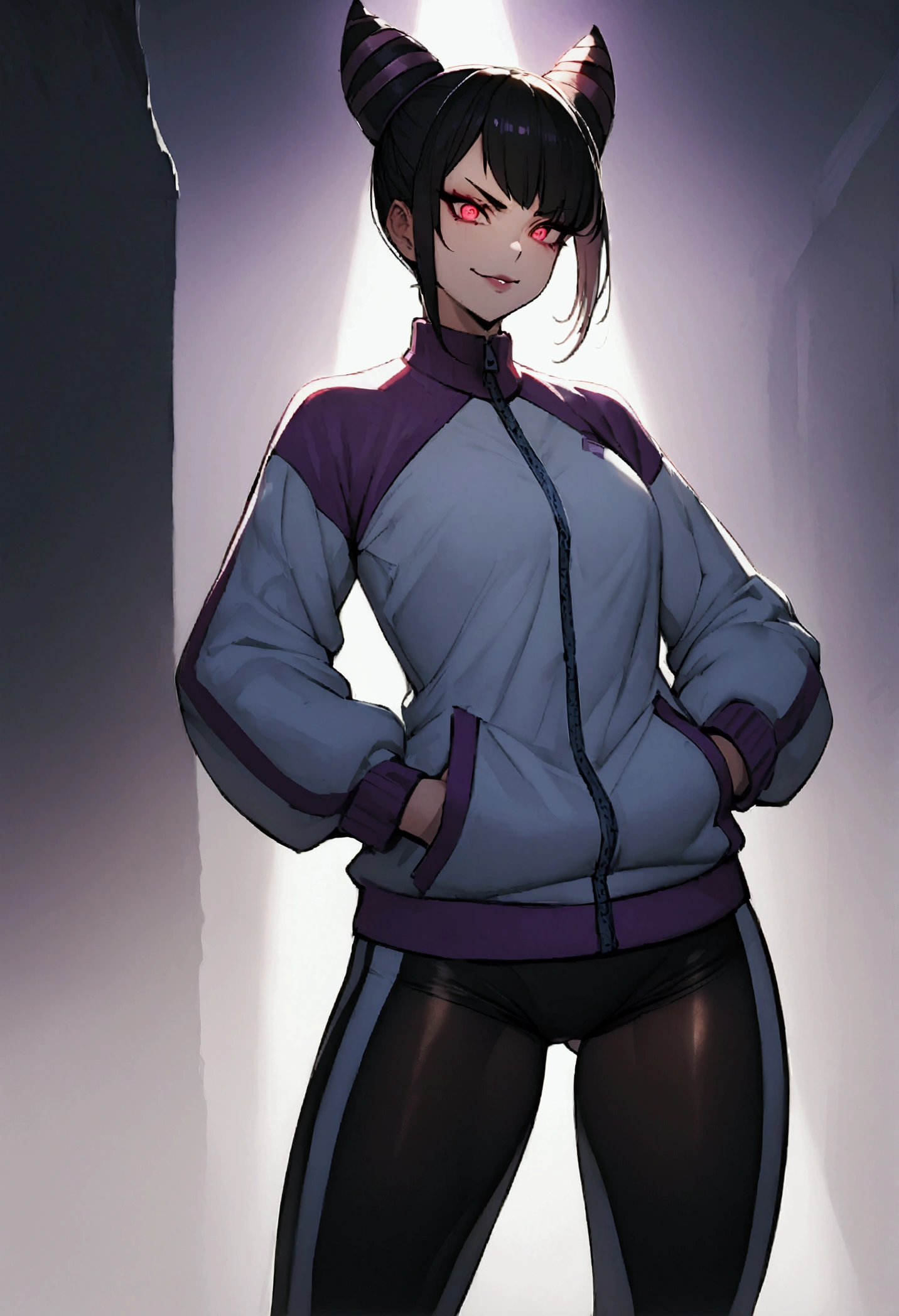beautiful young fitness woman with , in a gym wearing May with black pantyhose, tight white and purple gym jacket. standing alone,hair horns,red eyes glowing,Evil smile,legging preto ,labiaa,dark eye shadow,shining eyes,hands in our pockets