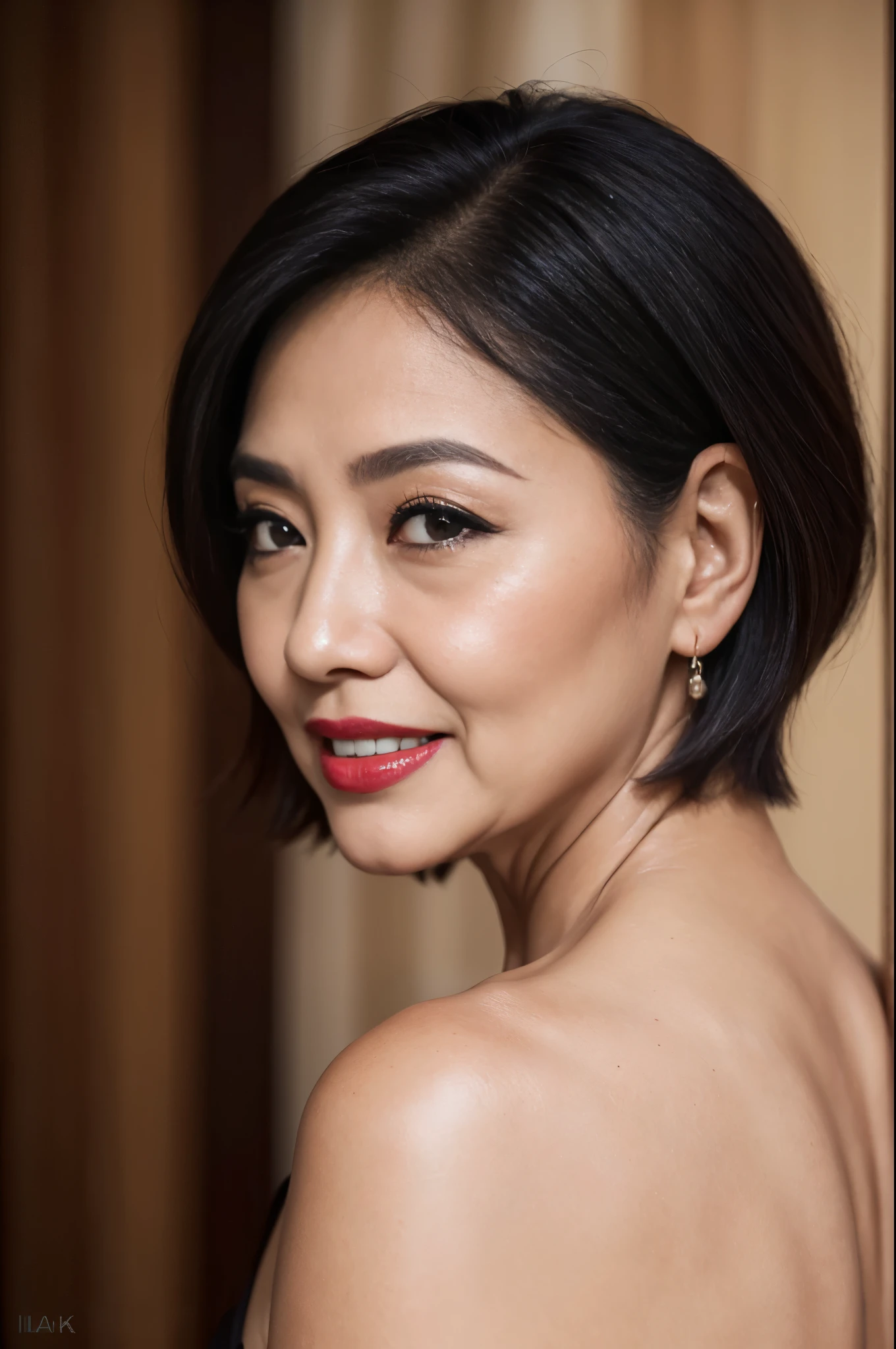 58-Years-Old,( Indonesian Mature Woman:1.1),, , ,( Seductive Look), ((portrait)) ,((best quality)), 8K,16K, HDR,high quality,,,,red lip,,,,(heavy make up),(black short hair),((facial wrinkle)),smile,((from side))